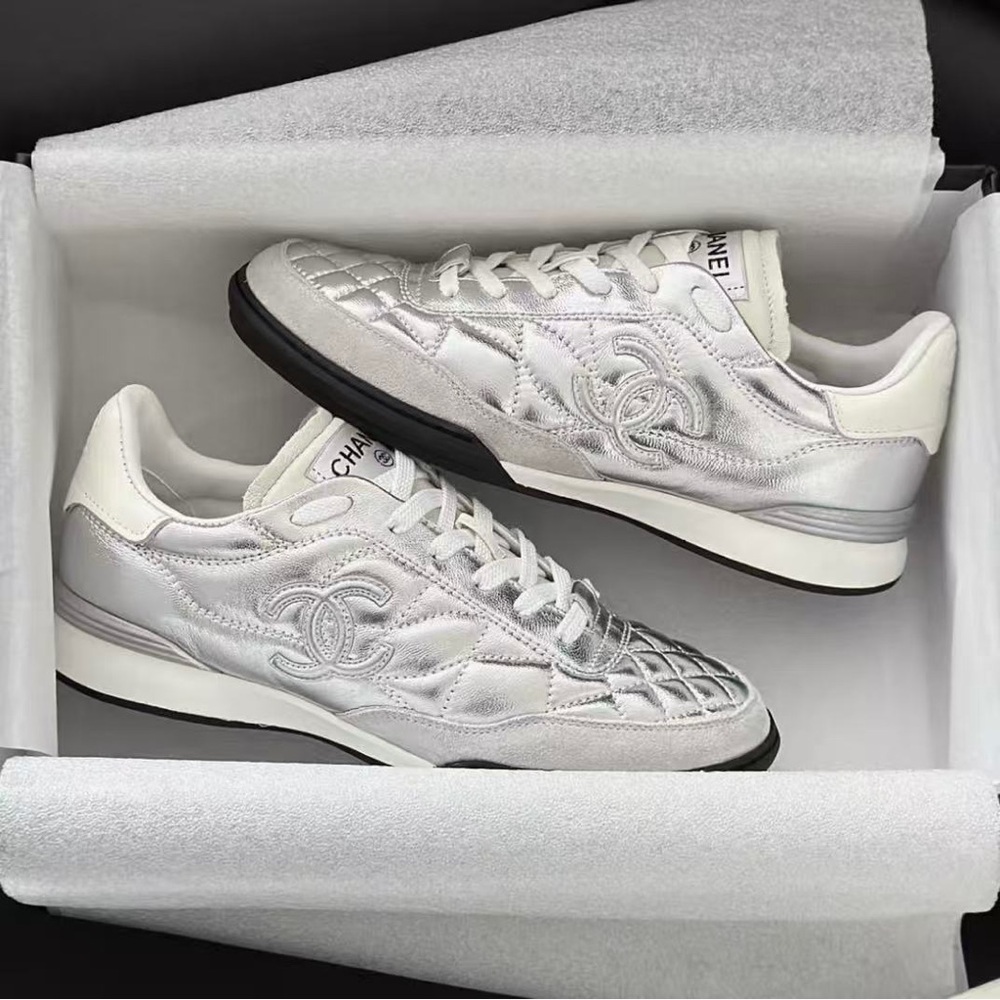 CHANEL Silver and White Quilted Sneakers